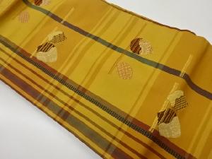 手織り紬変わり格子に抽象葉模様織出し名古屋帯